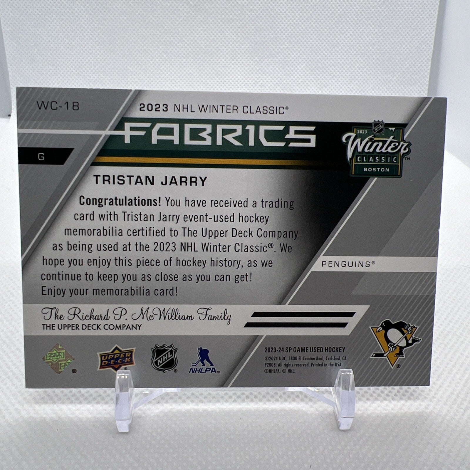 Tristan Jarry 2023-24 SP Game Used Winter Classic Fabrics Pittsburgh Penguins