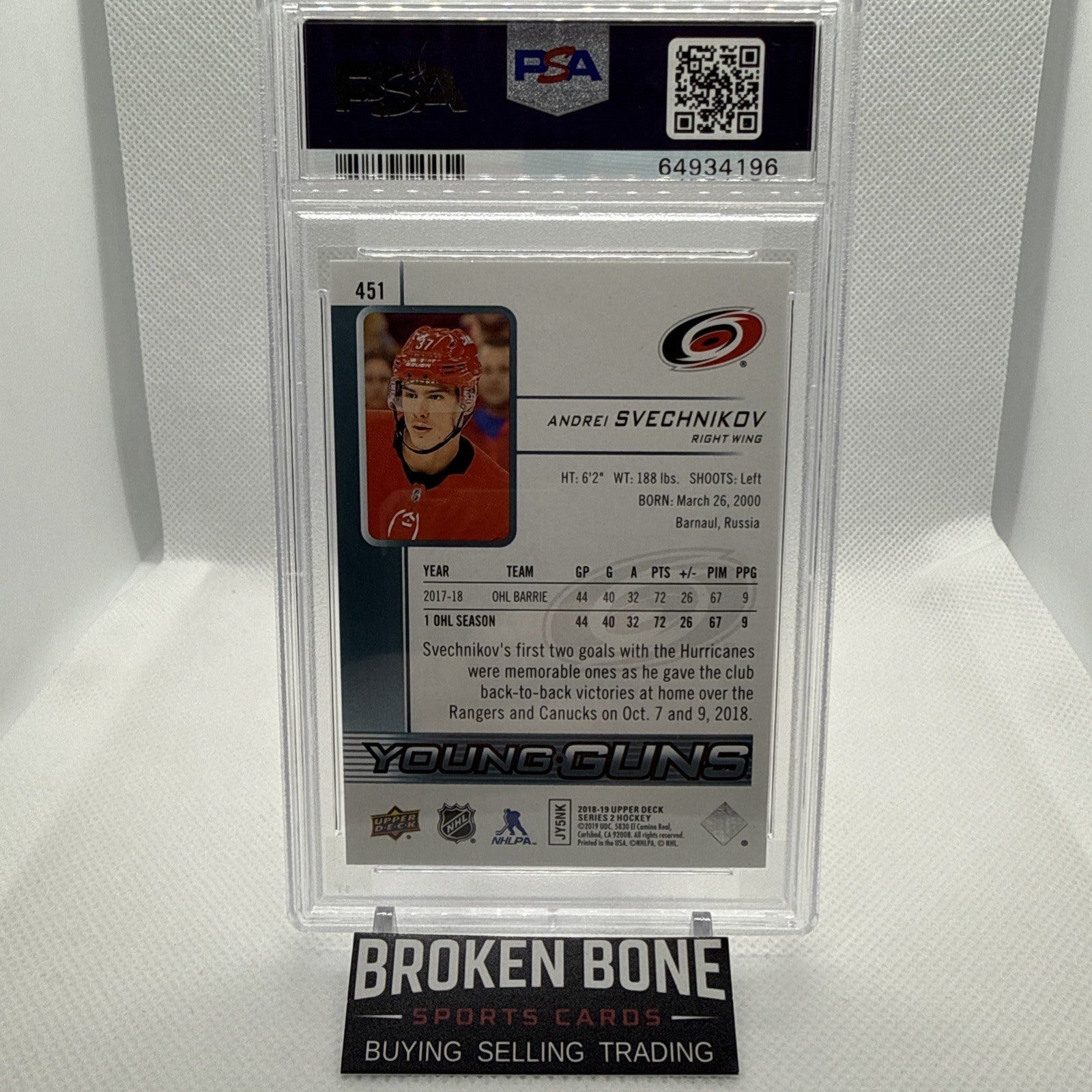Andrei Svechnikov 2018 Upper Deck Young Guns Rookie PSA 10 Carolina Hurrivanes