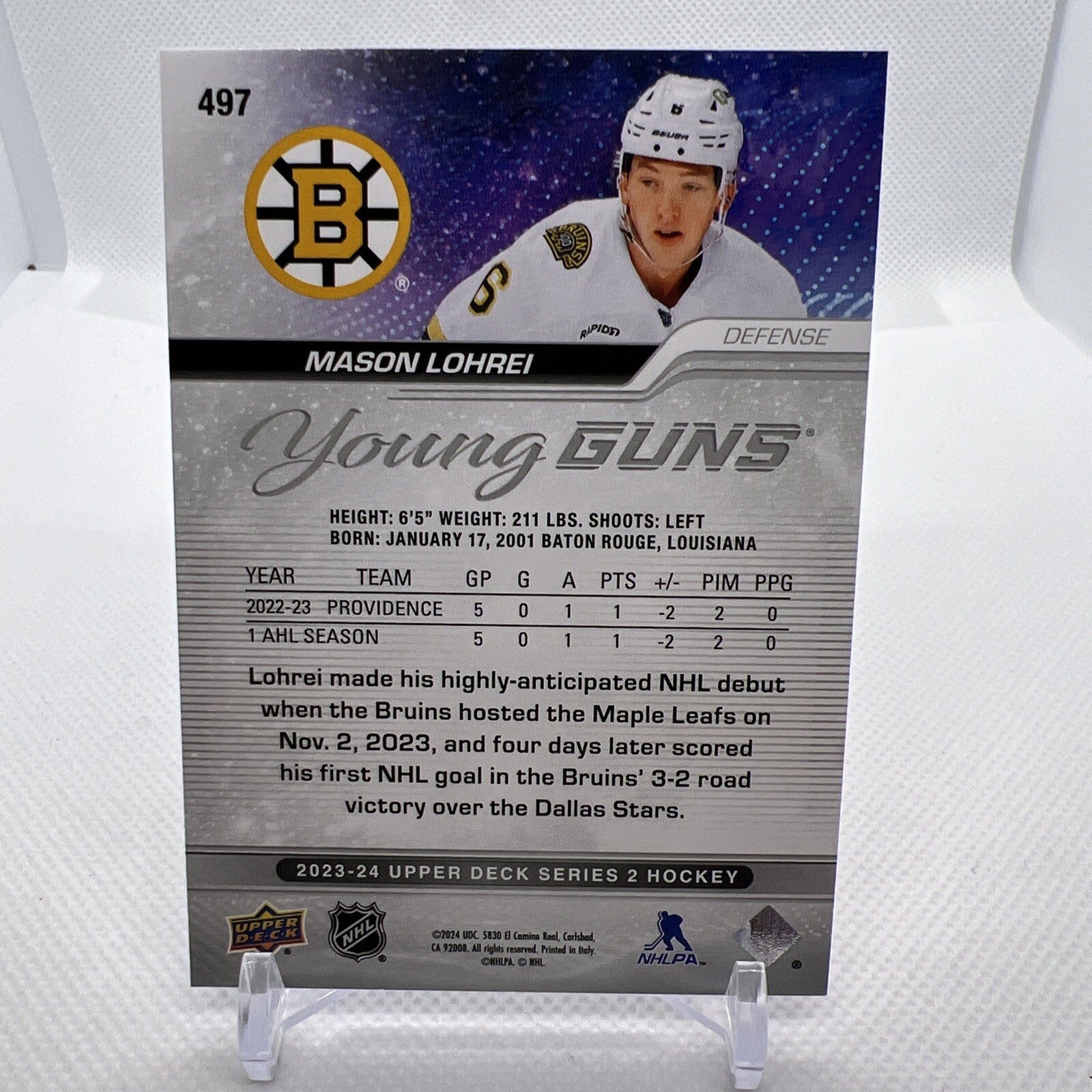 Mason Lohrei 2023-24 Upper Deck Young Guns Rookie Boston Bruins 5 RC