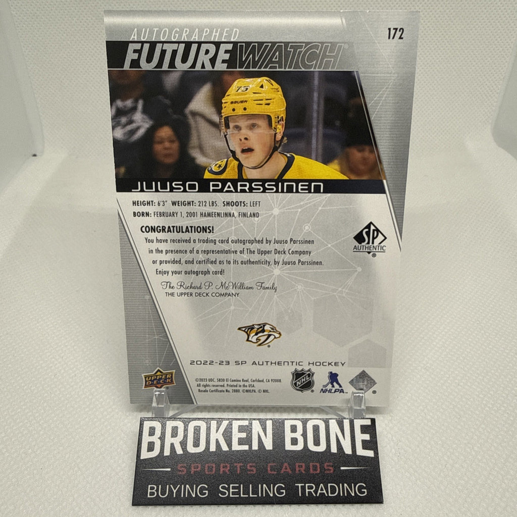 Juuso Parssinen 2022-23 SP Authentic Future Watch Auto /999 Nashville Predators