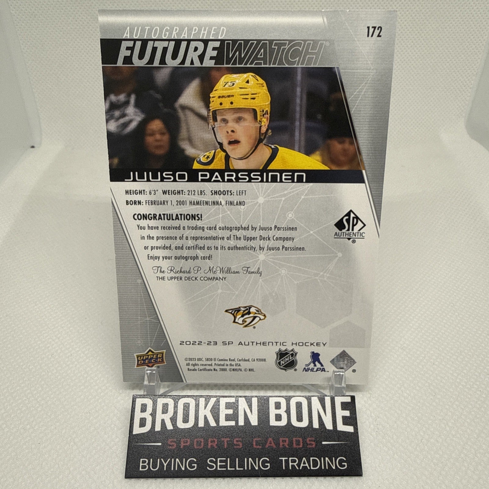 Juuso Parssinen 2022-23 SP Authentic Future Watch Auto /999 Nashville Predators
