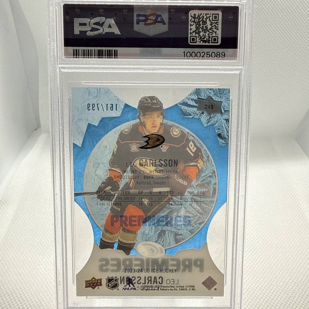 Leo Carlsson 2023-24 Upper Deck Ice Premieres Blue /799 PSA 10 Anaheim Ducks