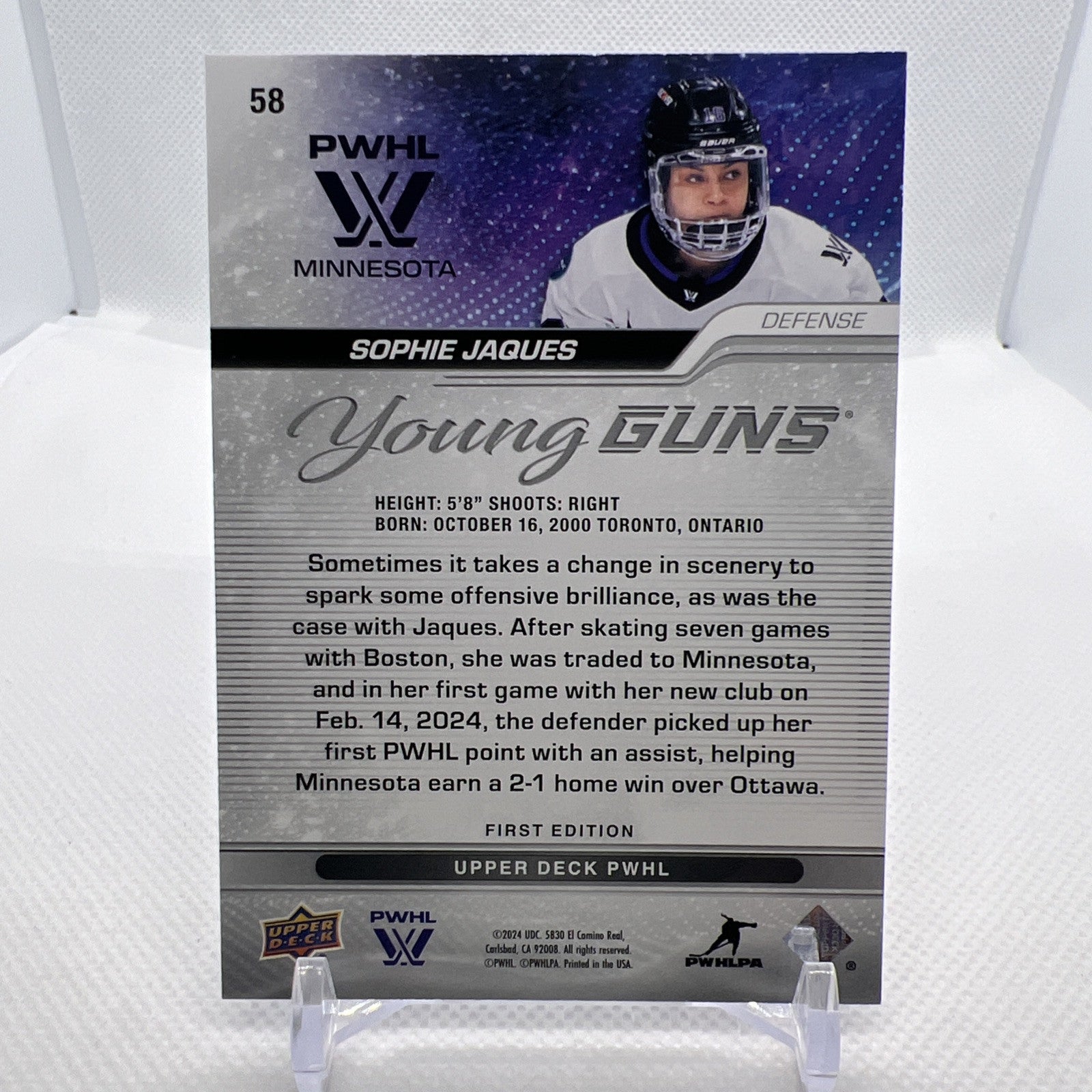 Sophie Jacques 2024 Upper Deck PWHL Young Guns Outburst 1st Edition Minnesota RC