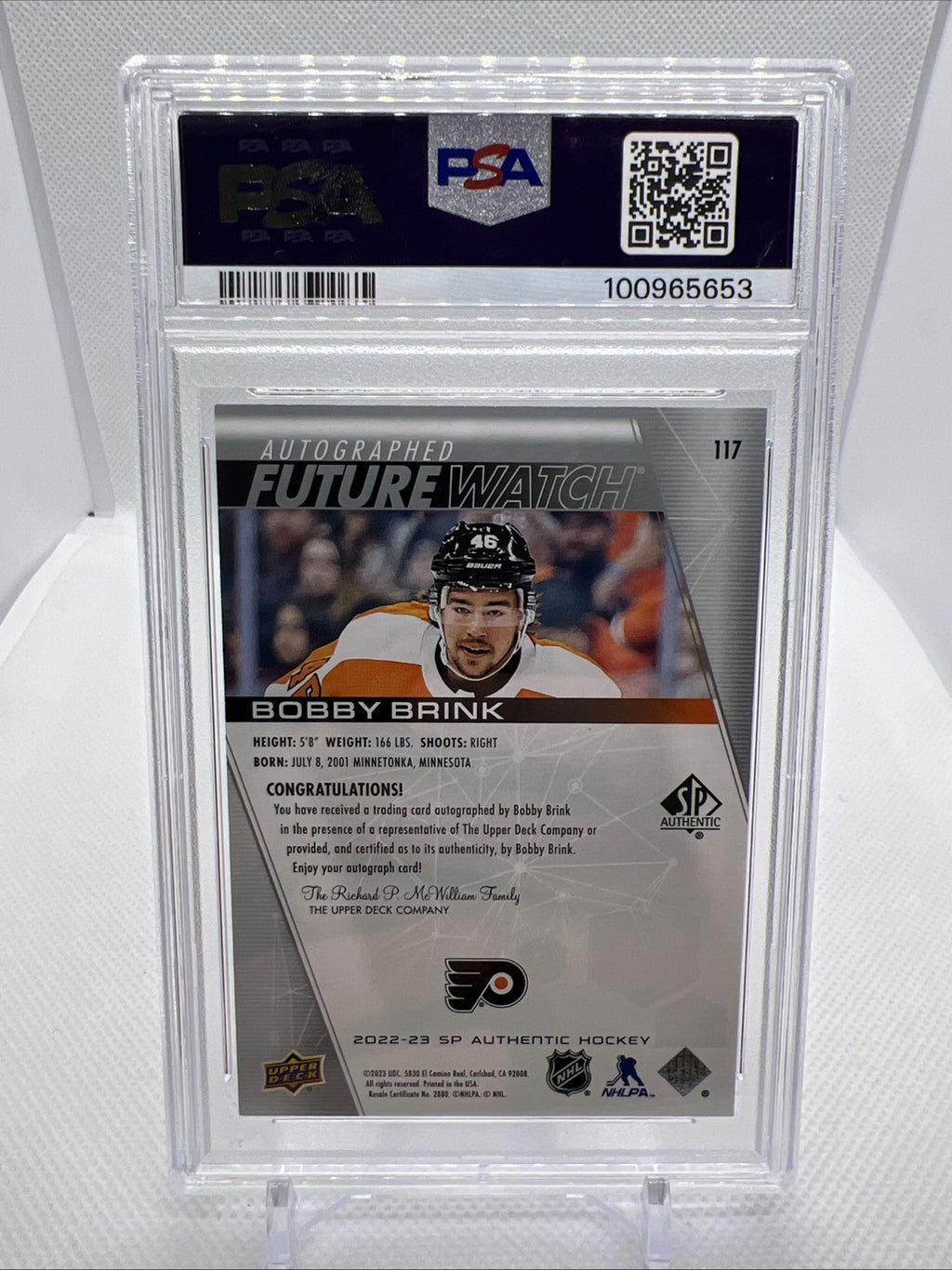 Bobby Brink 2022 SP Authentic Future Watch Auto Philadelphia Flyers PSA Auto 10