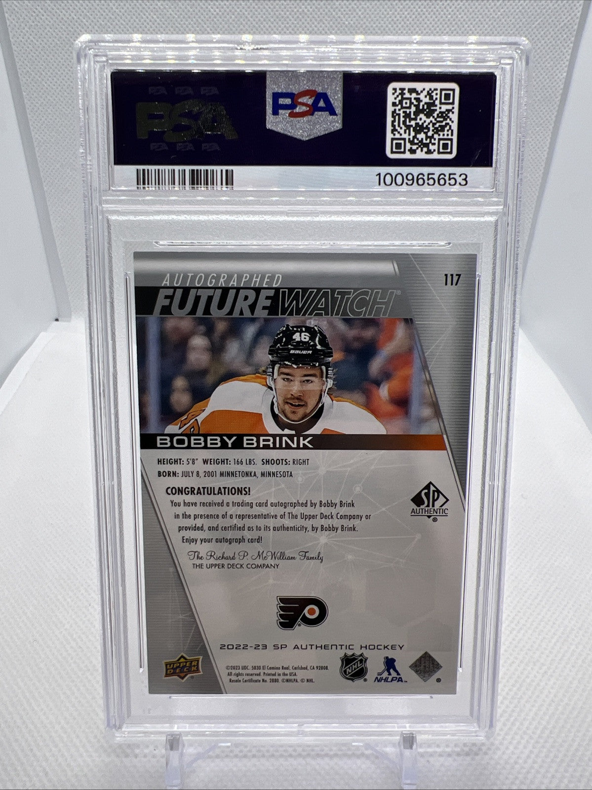 Bobby Brink 2022 SP Authentic Future Watch Auto Philadelphia Flyers PSA Auto 10